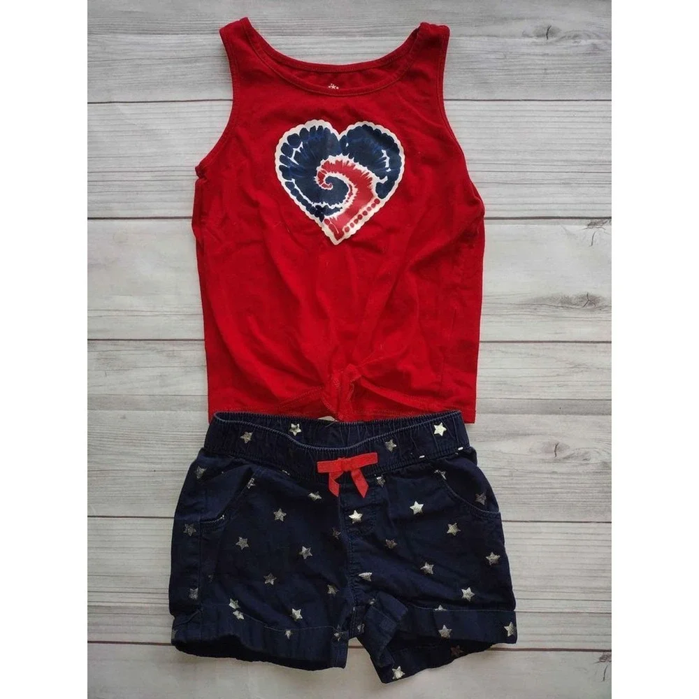 Gymboree Way to Celebrate Girls Patriotic Red Heart Tank Navy Star Shorts Set 4